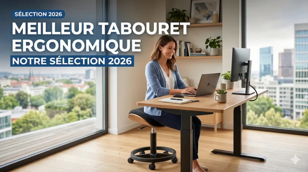 Woman working at a wooden desk with a laptop in a bright office overlooking a cityscape; large French ad text about ergonomic stools for 2026.