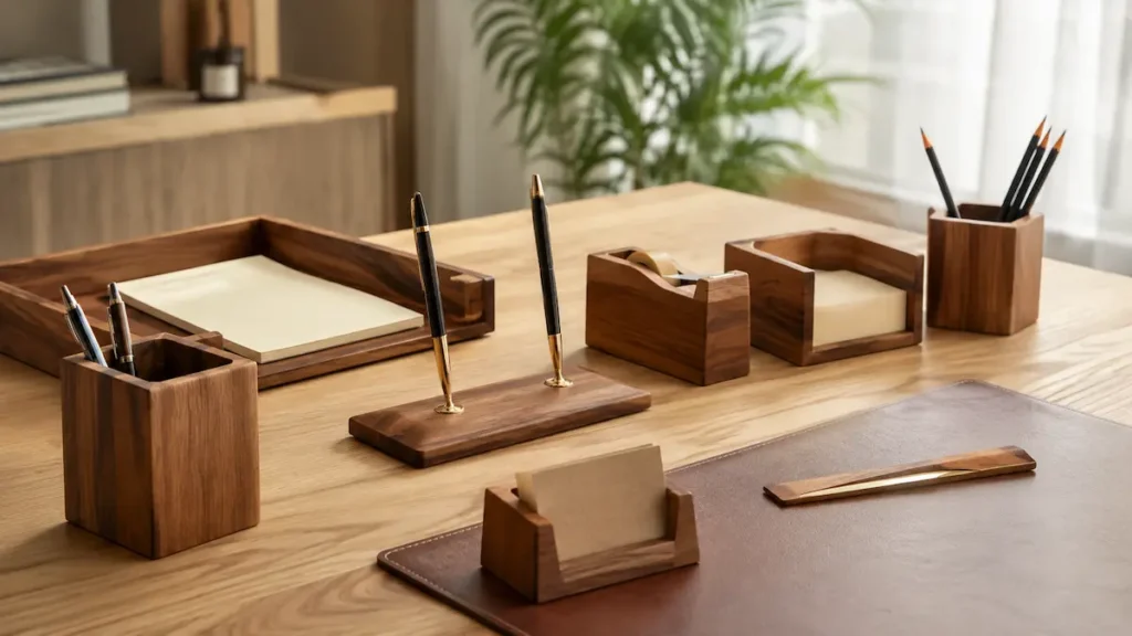 46a51741-dd1b-41d2-b322-9af577c2baad - MonBureauDesign Wooden desk organizer on a light wooden desk with pens, note tray, and a leather writing pad.