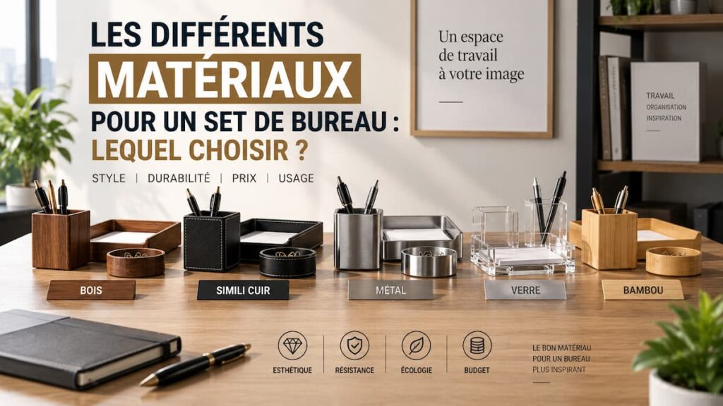 Table with five material samples labeled Bois, Simili Cuir, Métal, Verre, Bambou on a desk under a French headline about choosing a desk set.