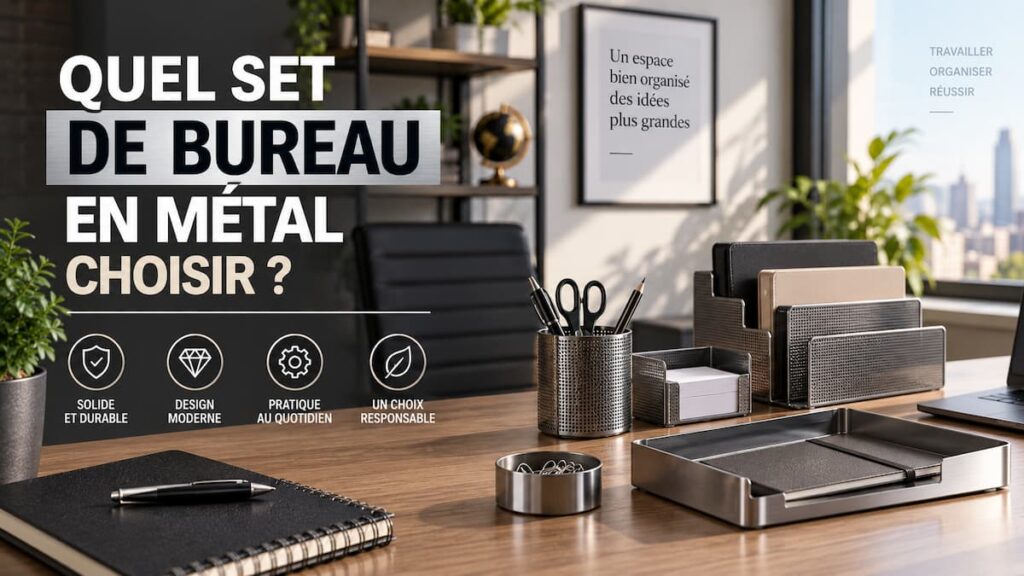 Desk scene with metal desk organizers and a bold French title, showing scissors, a pen cup, trays, and a city skyline in the background.