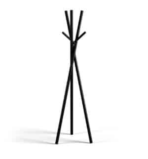 Black freestanding coat rack with multiple hooks on a white background