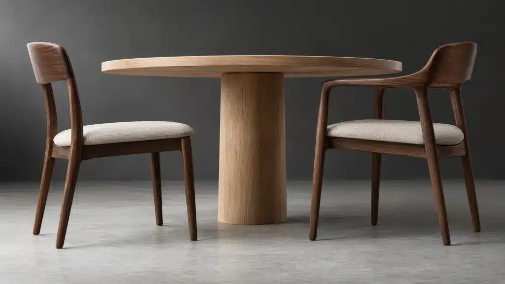 Illustration de profil d’une chaise sans accoudoirs et d’un fauteuil de table, face au même plateau.