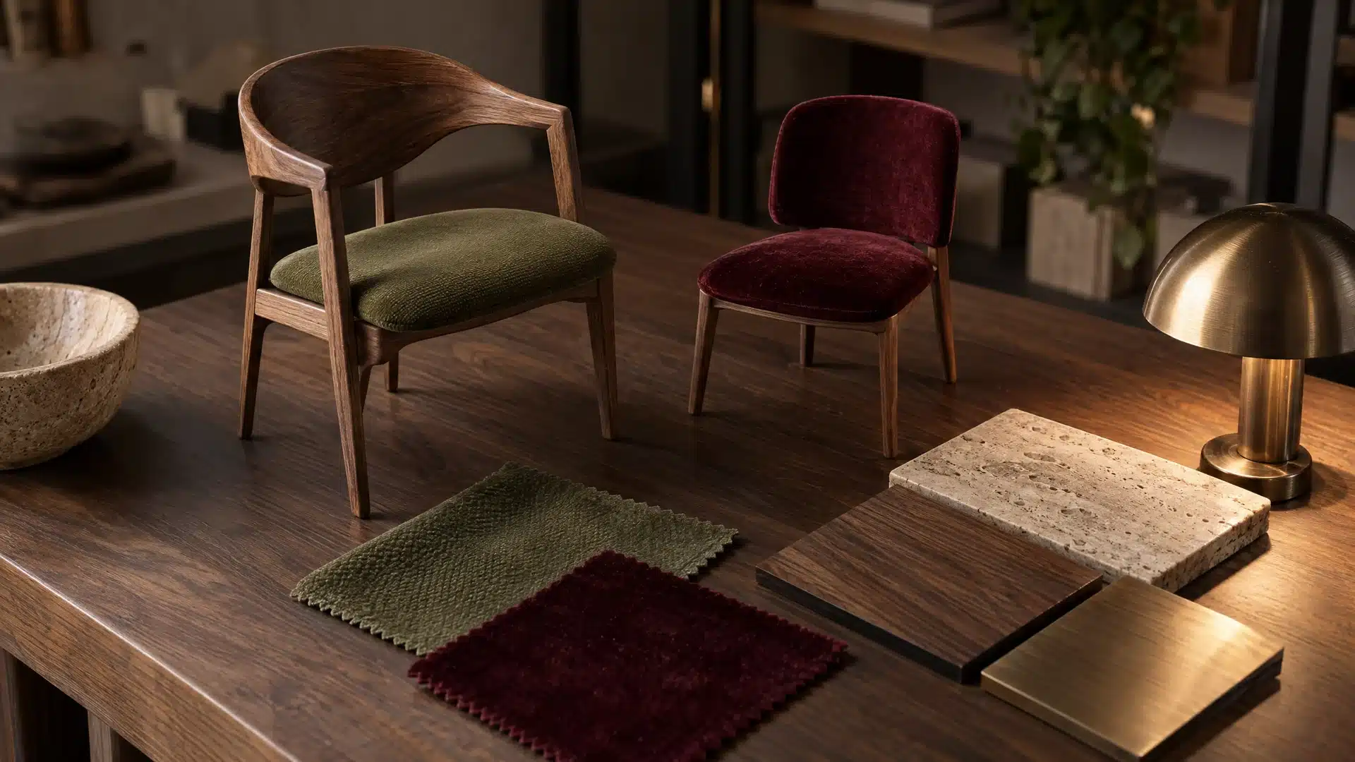 Illustration de maquettes de chaises, tissus olive et bordeaux, bois, pierre et métal sur une table de conception.